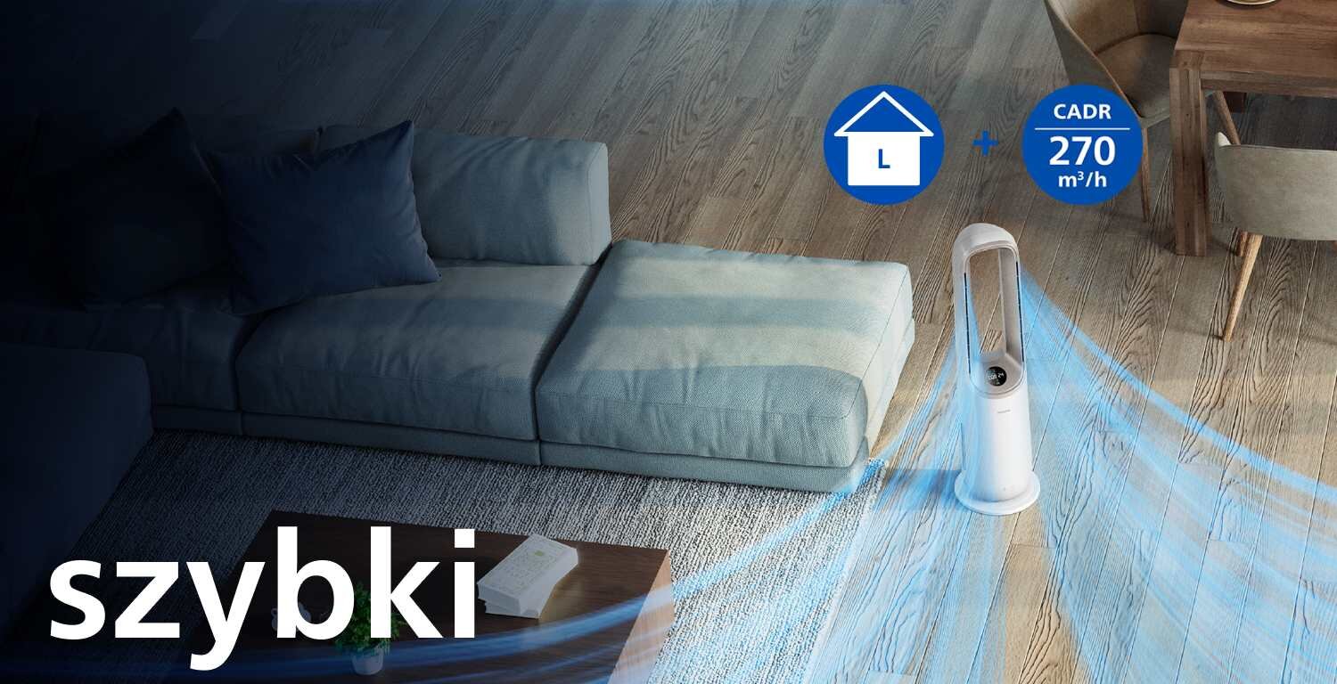 czyste powietrze do każdego zakątka pomieszczenia przy współczynniku dostarczania czystego powietrza CADR równym 270 m³/godz czyste powietrze do każdego zakątka pomieszczenia przy współczynniku dostarczania czystego powietrza CADR równym 270 m³/godz