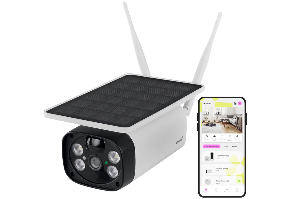 Kamera OMAJIN OSC-01-EU Zewnętrzna, Wi-Fi, microSD, 32GB, chmura, aplikacja, na białym tle kamera wraz z smartfonem i aplikacją w tle
