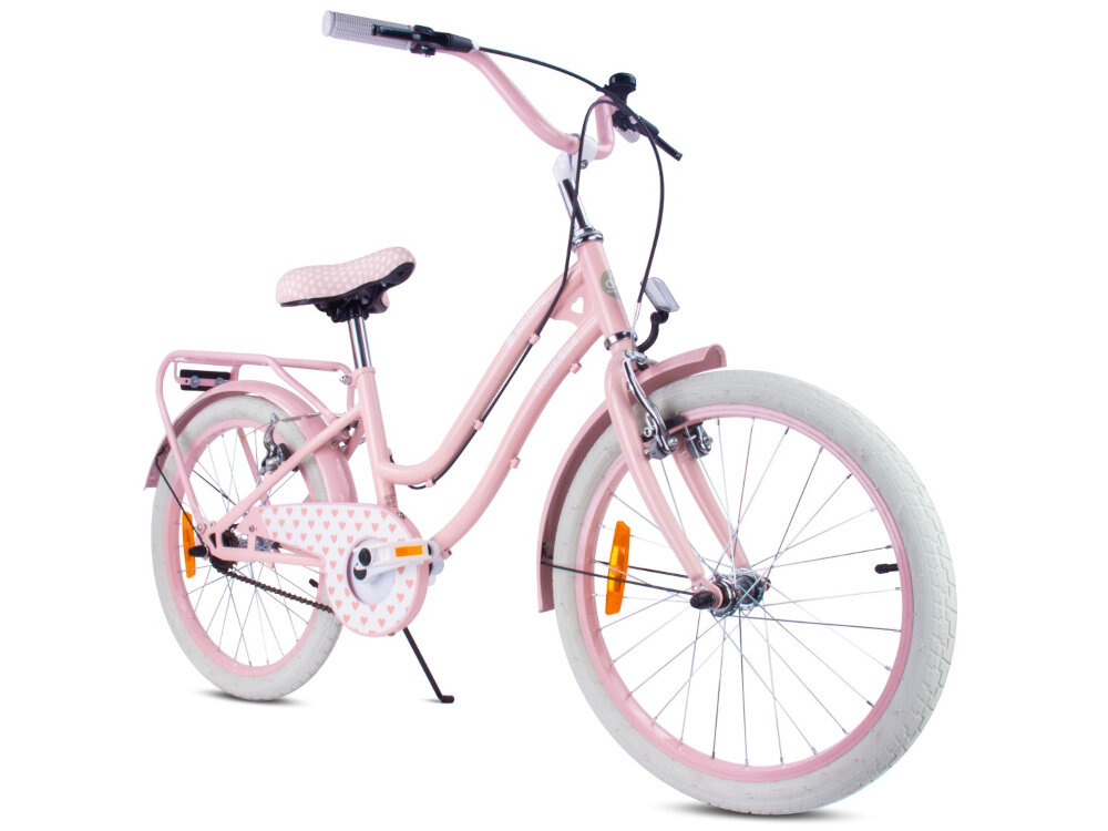 Rower dziecięcy SUN BABY Heart Bike 20 cali dla dziewczynki Różowy rower na białym tle widoczny od przodu pod skosem dla dzieci w wieku od 4 do 6 lat trwałość wytrzymałość mocna konstrukcja