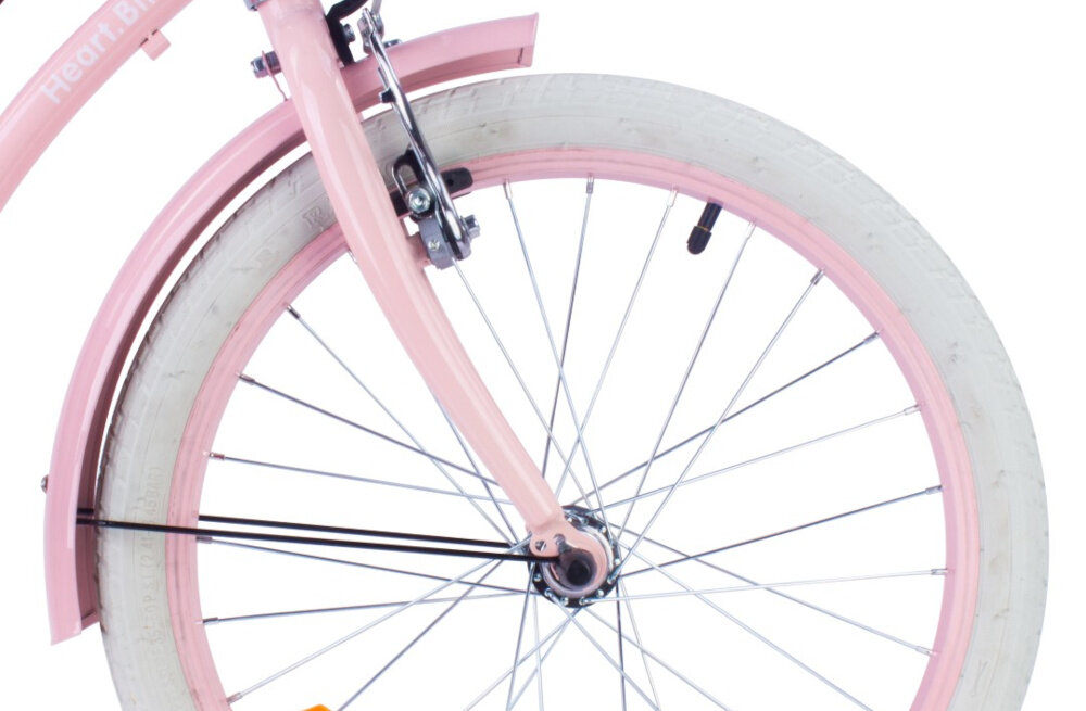 Rower dziecięcy SUN BABY Heart Bike 20 cali dla dziewczynki Różowy zbliżenie na koło zdjęcie na białym tle 20-calowe koła szerokie opony aluminiowe obręcze regularny kształt kół stabilne trzymanie opony regularne sprawdzanie ciśnienia powietrza wartość na bocznej części opony