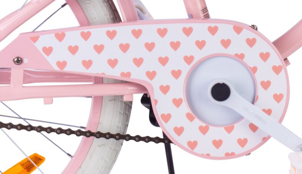 Rower dziecięcy SUN BABY Heart Bike 20 cali dla dziewczynki Różowy zbliżenie na osłonę łańcucha zdjęcie na białym tle osłona łańcucha grafika z mnóstwem serduszek zabezpiecza łańcuch przed brudem błotniki elegancki wygląd osłaniają odzież