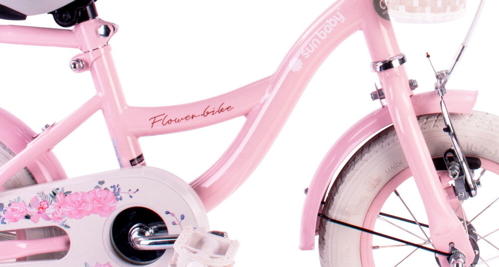 Rower dziecięcy SUN BABY Flower bike 12 cali dla dziewczynki Różowy rower na białym tle zbliżenie na ramę odpowiednio wyselekcjonowane materiały stalowa 8,25-calowa rama dostosowana do najmłodszych geometria ponadprzeciętna odporność na uszkodzenia mechaniczne i działanie czynników zewnętrznych wybór rozmiaru ramy Twój wzrost mierzony w zrelaksowanej pozycji typ