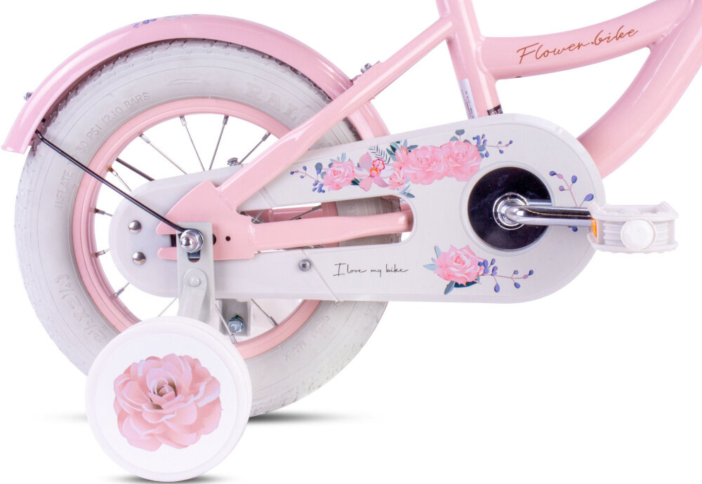 Rower dziecięcy SUN BABY Flower bike 12 cali dla dziewczynki Różowy zbliżenie na kółka boczne i osłonę łańcucha zdjęcie na białym tle boczne kółka asekurują dziecko w początkowej fazie nauki boczne kółka można łatwo usunąć osłona łańcucha kwiatowa grafika zabezpiecza łańcuch przed brudem