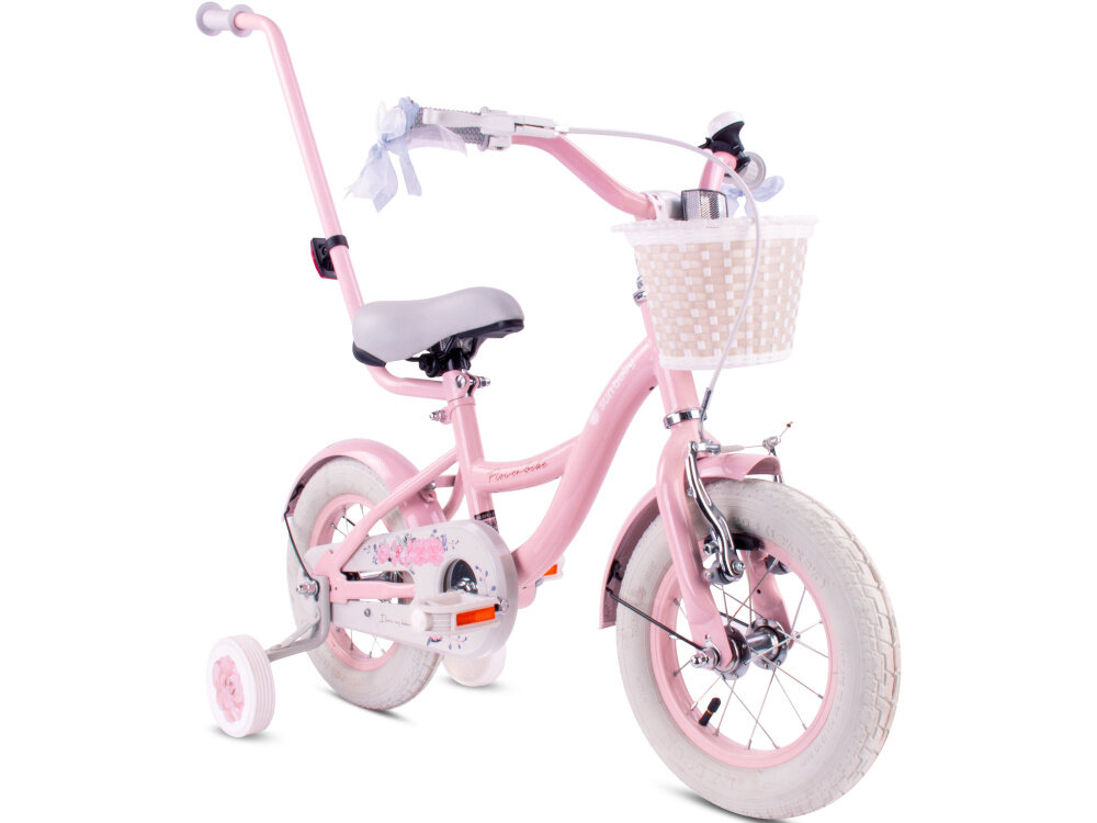Rower dziecięcy SUN BABY Flower bike 12 cali dla dziewczynki Różowy rowerek na białym tle widoczny od przodu po skosie koszyk na drobiazgi uchwyty zakończone pięknymi wstążkami dzwonek bezpieczna jazda
