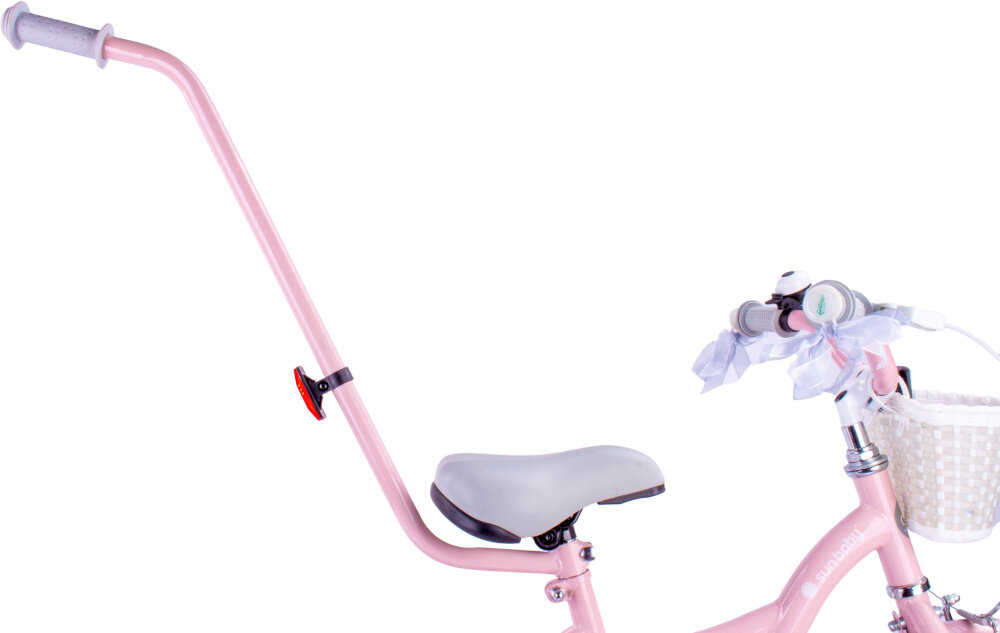 Rower dziecięcy SUN BABY Flower bike 12 cali dla dziewczynki Różowy zbliżenie na pałąk prowadzący rowerek widoczny z boku zdjęcie na białym tle pałąk prowadzący dla rodzica szlifowanie umiejętności bezpieczeństwo pełna kontrola nad pojazdem