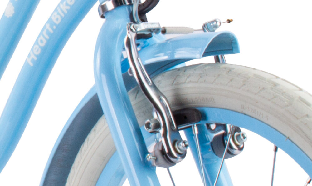 Rower dziecięcy SUN BABY Heart bike 16 cali dla dziewczynki Błękitny zbliżenie na przedni hamulec zdjęcie na białym tle podstawa bezpieczeństwa przedni hamulec V-Brake tylny hamulec nożny Torpedo lekkie duża siła hamowania reflektory odblaskowe na szprychach dobra widoczność na drodze bezpieczeństwo