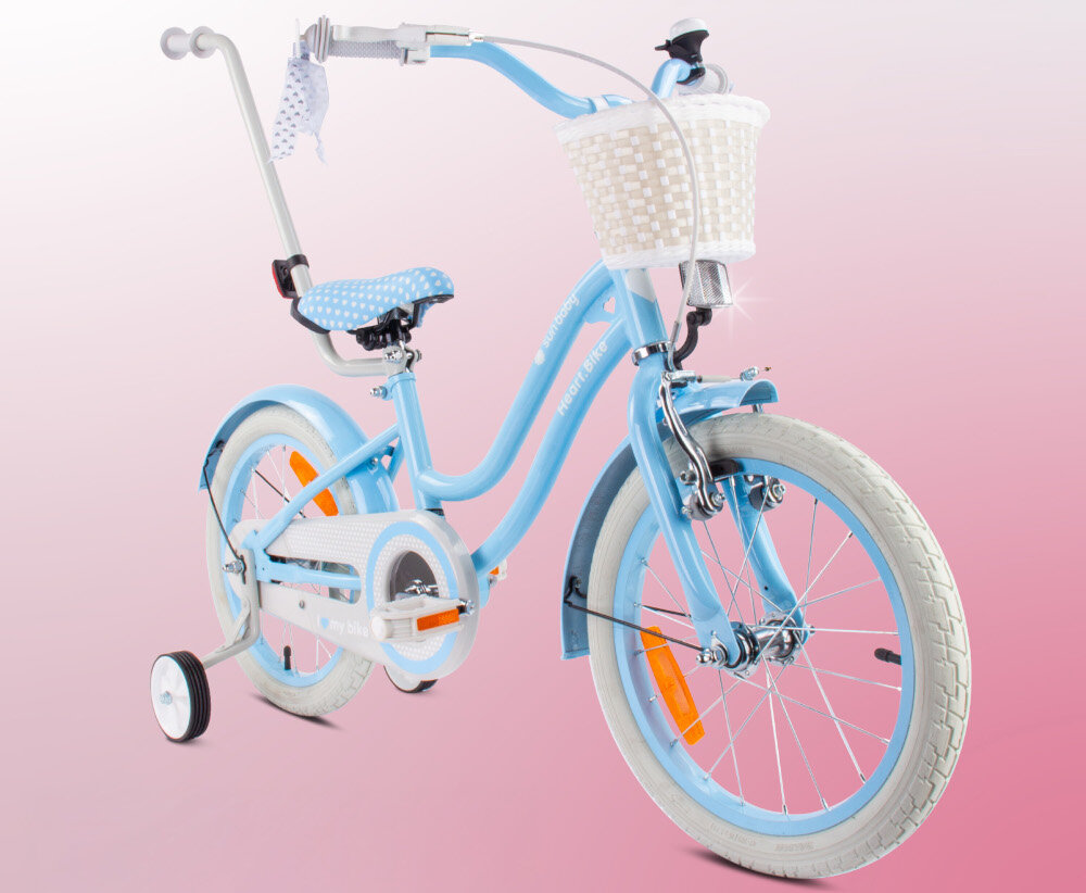 Rower dziecięcy SUN BABY Heart bike 16 cali dla dziewczynki Błękitny rowerek na różowym tle widoczny od przodu pod skosem brak uczucia dyskomfortu odpowiednia pozycja ciała uchwyty z antypoślizgowego materiału możliwość regulacji wysokości kierownicy w zakresie od 72 do 80 cm