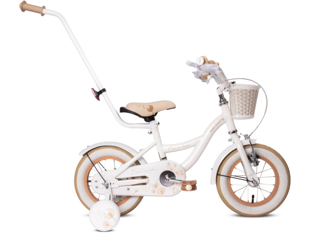 Rower dziecięcy SUN BABY Flower bike 12 cali dla dziewczynki Biało-beżowy  rower na białym tle widoczy z boku zdjęcie na różowym tle dla dzieci w wieku od 2 do 4 lat o minimalnym wzroście około 85 cm trwałość wytrzymałość mocna konstrukcja