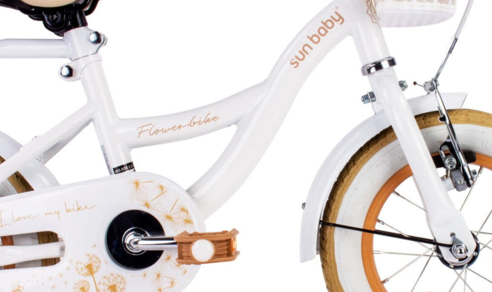 Rower dziecięcy SUN BABY Flower bike 12 cali dla dziewczynki Biało-beżowy rower na białym tle zbliżenie na ramę odpowiednio wyselekcjonowane materiały stalowa 8,25-calowa rama dostosowana do najmłodszych geometria ponadprzeciętna odporność na uszkodzenia mechaniczne i działanie czynników zewnętrznych wybór rozmiaru ramy Twój wzrost mierzony w zrelaksowanej pozycji typ