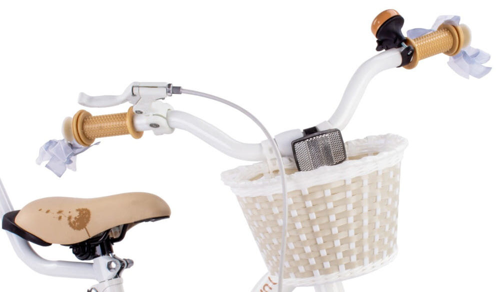 Rower dziecięcy SUN BABY Flower bike 12 cali dla dziewczynki Biało-beżowy zbliżenie na kierownicę widoczny koszyk zdjęcie na białym tle brak uczucia dyskomfortu odpowiednia pozycja ciała uchwyty z antypoślizgowego materiału możliwość regulacji wysokości kierownicy w zakresie od 64 do 68 cm