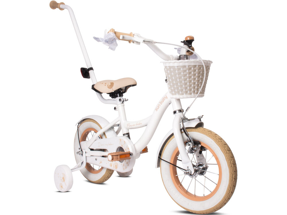 Rower dziecięcy SUN BABY Flower bike 12 cali dla dziewczynki Biało-beżowy rowerek na białym tle widoczny od przodu po skosie koszyk na drobiazgi uchwyty zakończone pięknymi wstążkami dzwonek bezpieczna jazda