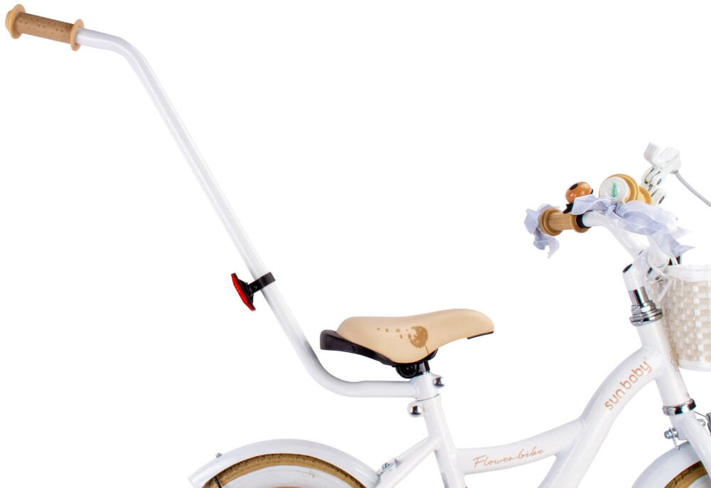 Rower dziecięcy SUN BABY Flower bike 12 cali dla dziewczynki Biało-beżowy zbliżenie na pałąk prowadzący rowerek widoczny z boku zdjęcie na białym tle pałąk prowadzący dla rodzica szlifowanie umiejętności bezpieczeństwo pełna kontrola nad pojazdem