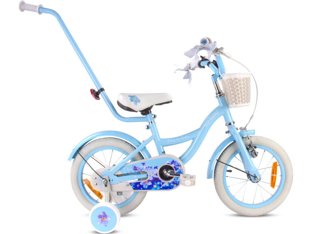 Rower dziecięcy SUN BABY Flower bike 14 cali dla dziewczynki Niebieski rower na białym tle widoczny z boku dla dzieci w wieku od 3 do 5 lat o minimalnym wzroście około 95 cm trwałość wytrzymałość mocna konstrukcja