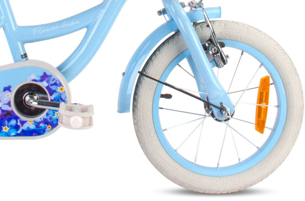 Rower dziecięcy SUN BABY Flower bike 14 cali dla dziewczynki Niebieski zbliżenie na przednie koło zdjęcie na białym tle koła w rozmiarze 14 cali aluminiowe obręcze dobra przyczepność aluminiowe obręcze zachowanie regularnego kształtu kół stabilne trzymanie opony bezpieczna jazda błotniki elegancki osłaniają odzież wygląd regularne sprawdzanie ciśnienia powietrza wartość na bocznej części opony