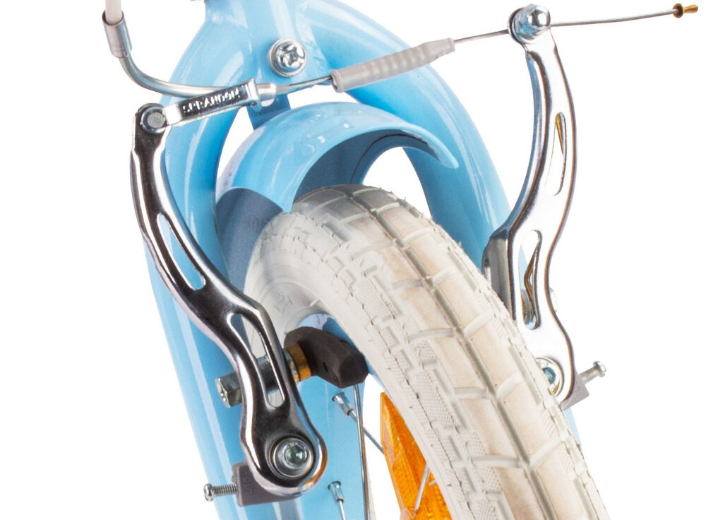 Rower dziecięcy SUN BABY Flower bike 14 cali dla dziewczynki Niebieski zbliżenie na przedni hamulec zdjęcie na białym tle podstawa bezpieczeństwa przedni hamulec V-Brake tylny hamulec nożny Torpedo lekkie duża siła hamowania reflektory odblaskowe na szprychach dobra widoczność na drodze bezpieczeństwo