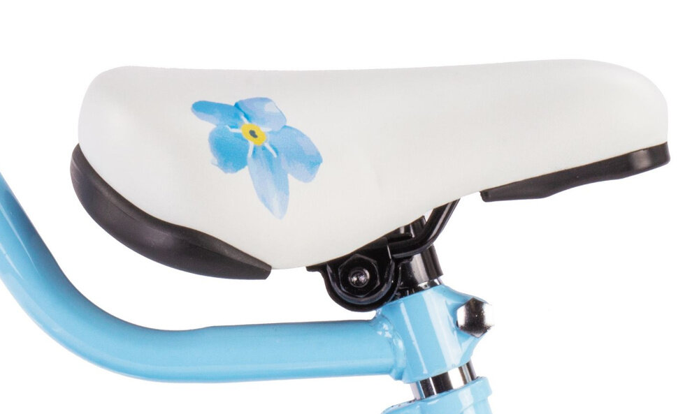 Rower dziecięcy SUN BABY Flower bike 14 cali dla dziewczynki Niebieski zbliżenie na siodełko zdjęcie na białym tle bezpieczna i satysfakcjonująca aktywność wygodne siodełko możliwość regulacji w zakresie od 50 do 58 cm bezpiecznie komfortowo