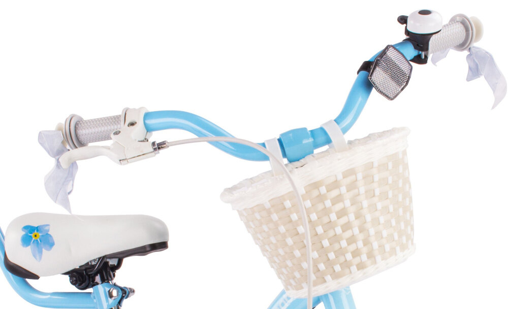 Rower dziecięcy SUN BABY Flower bike 14 cali dla dziewczynki Niebieski zbliżenie na kierownicę widoczny koszyk zdjęcie na białym tle brak uczucia dyskomfortu odpowiednia pozycja ciała uchwyty z antypoślizgowego materiału możliwość regulacji wysokości kierownicy w zakresie od 68 do 74 cm