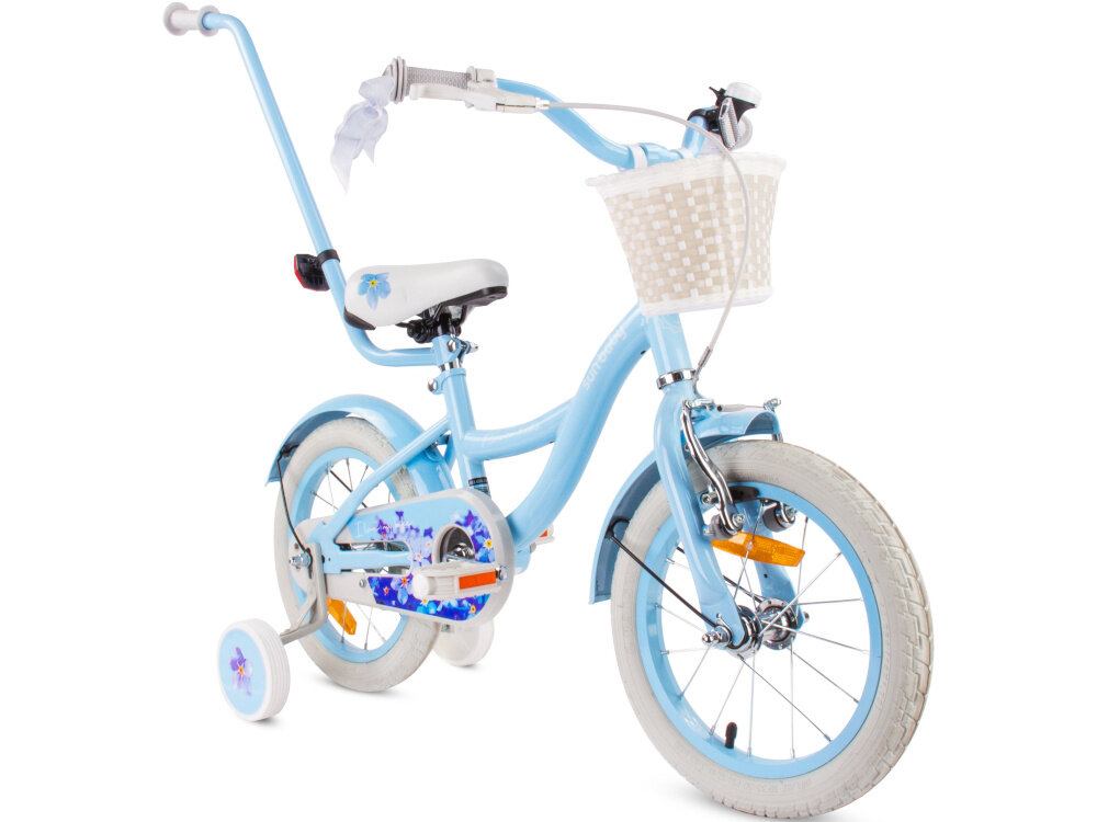 Rower dziecięcy SUN BABY Flower bike 14 cali dla dziewczynki Niebieski rowerek na białym tle widoczny od przodu po skosie koszyk na drobiazgi uchwyty zakończone pięknymi wstążkami dzwonek bezpieczna jazda