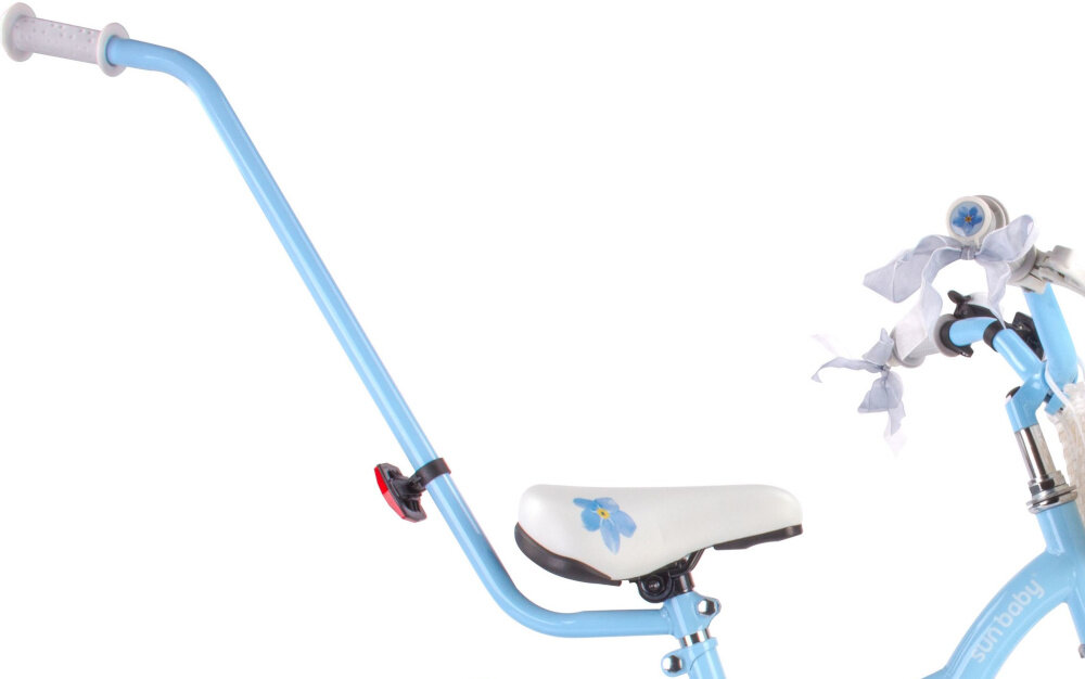 Rower dziecięcy SUN BABY Flower bike 14 cali dla dziewczynki Niebieski zbliżenie na pałąk prowadzący rowerek widoczny z boku zdjęcie na białym tle pałąk prowadzący dla rodzica szlifowanie umiejętności bezpieczeństwo pełna kontrola nad pojazdem