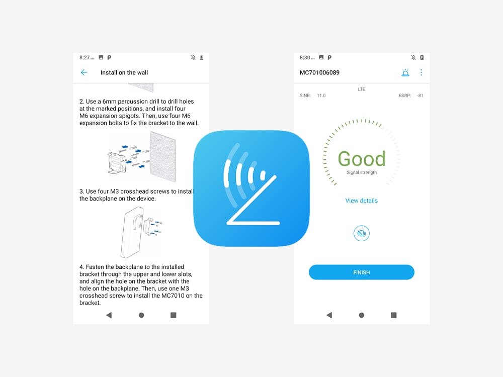 Router ZTE MC889A Pro Dwa zrzuty ekranu aplikacji Install Helper po bokach niebieskiej ikony z symbolem sygnału. Lewy pokazuje kroki instalacji, a prawy siłę sygnału ocenioną jako „Dobra” z opcjami szczegółowego podglądu. aplikacja, analiza sygnału