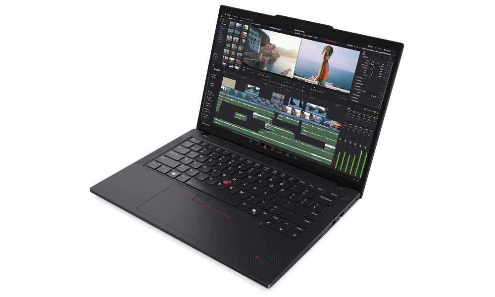 Laptop Lenovo ThinkPad P14s z interfejsem programu do montażu wideo, widoczna timeline z materiałami filmowymi - Solidna konstrukcja mobilnych użytkownikach