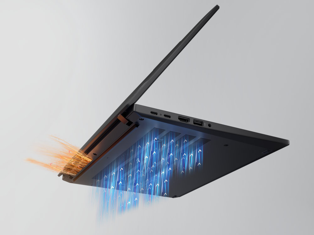 Ilustracja przepływu powietrza chłodzenia w laptopie Lenovo ThinkPad P14s, podświetlone wyloty powietrza i iskry - zabezpieczenia ThinkShield czytnik linii papilarnych przycisk zasilania
