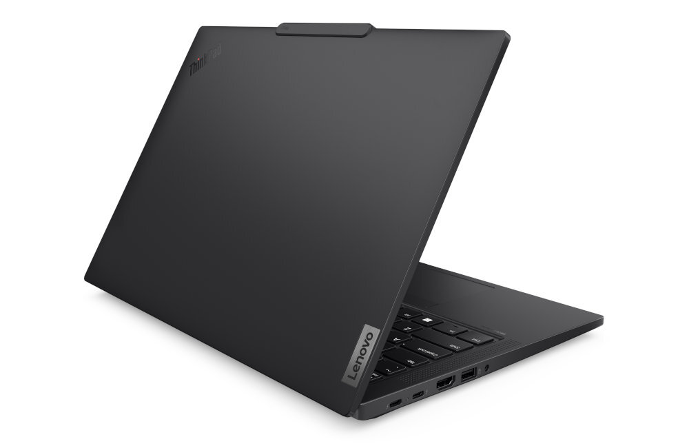 Tylny widok otwartego laptopa Lenovo ThinkPad P14s z zamkniętym ekranem, widoczne logo Lenovo na dolnej krawędzi - Wi-Fi 6E (802.11ax) szybkie i stabilne połączenie Bluetooth 5.3