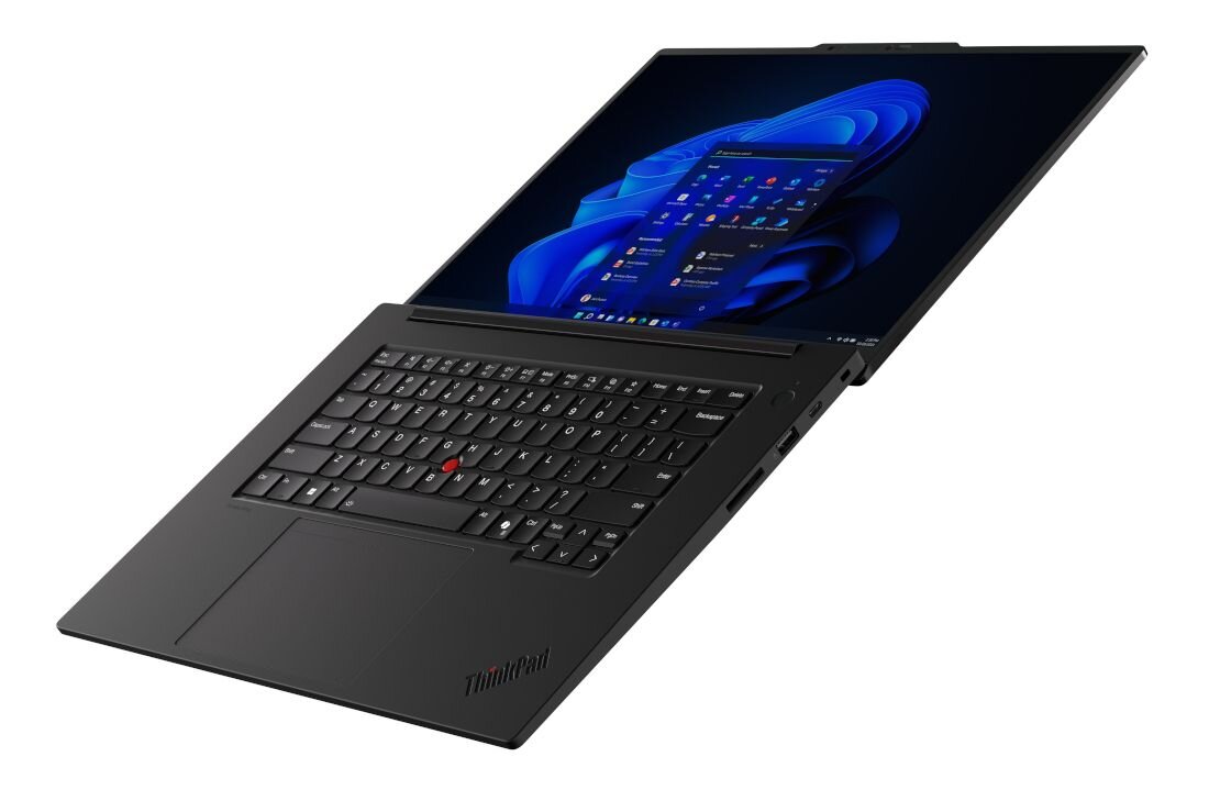 Laptop Lenovo ThinkPad z systemem Windows wyświetlającym niebieską abstrakcyjną tapetę, widok z boku prezentujący smukły profil - MLO łączy pasma Wi-Fi 