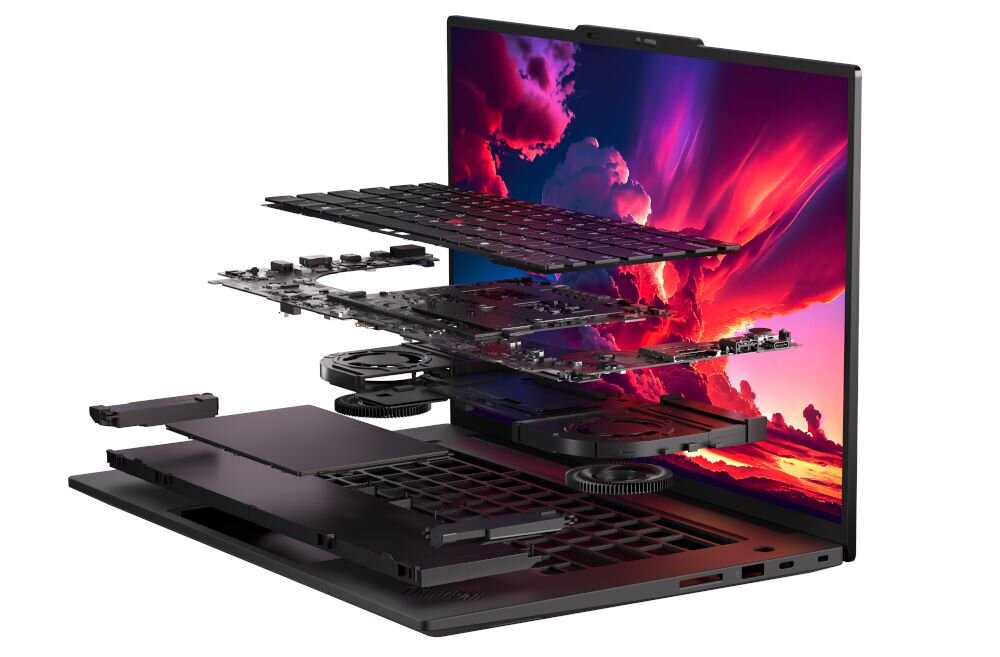 Laptop Lenovo ThinkPad w widoku eksplodowanym prezentujący wewnętrzne komponenty i zaawansowany system chłodzenia - System chłodzenia Flex Cooling 