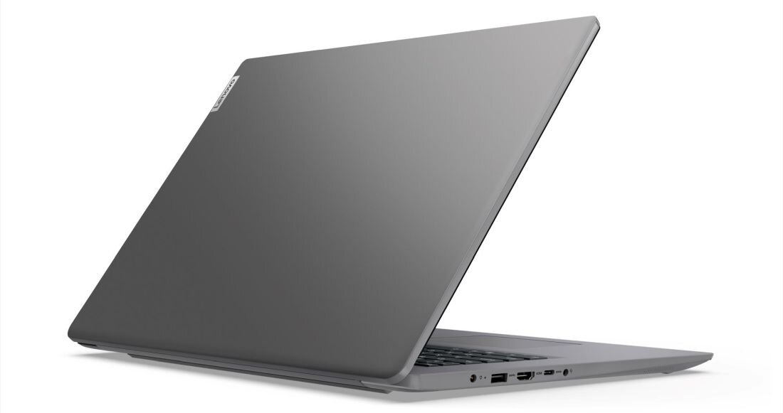 Laptop LENOVO V17 G4 z szarym korpusem leży na białej powierzchni.  - Długi czas pracy baterii 45 Wh 