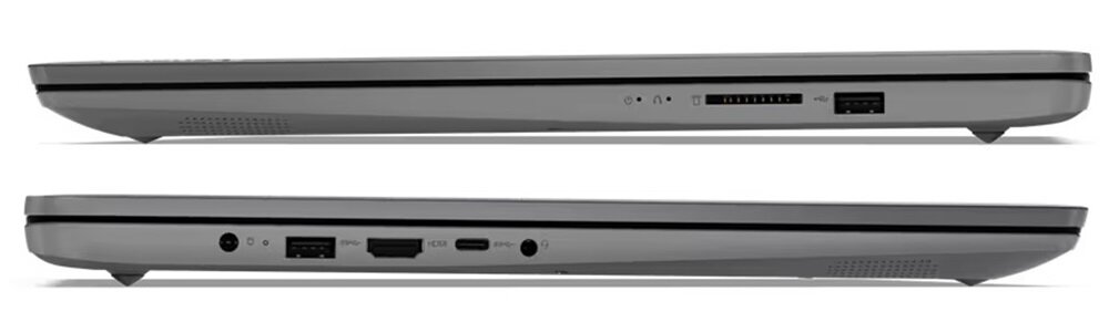Dwa różne ujęcia laptopa LENOVO V17 G4, prezentujące jego złącza i wygląd.   - USB-A 2.0, USB-A 3.2 Gen. 1 oraz USB Type-C 3.2 Gen. 1 HDMI 1.4b 