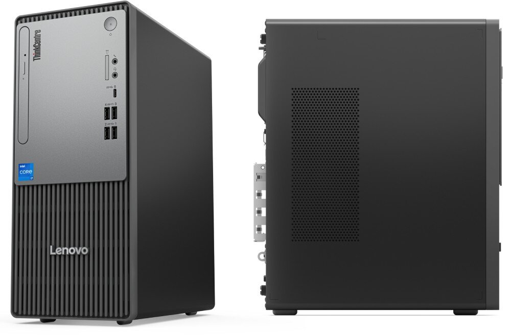 Komputer LENOVO ThinkCentre neo 50t Gen 5 Dwie obudowy komputerowe typu tower zaprezentowane na białym tle, gdzie lewa ukazana jest pod kątem od przodu, a prawa przedstawia całkowicie płaski, czarny bok urządzenia z prostokątną siatką wentylacyjną, ekologia, środowisko