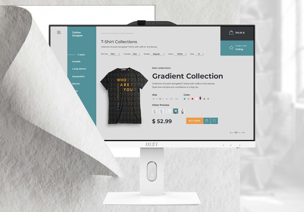 Komputer MSI Pro AP242P 14M-859EU Monitor wyświetlający stronę internetową sklepu z koszulkami z grafiką przedstawiającą czarną koszulkę i ceną, wyświetlacz obraz jakość