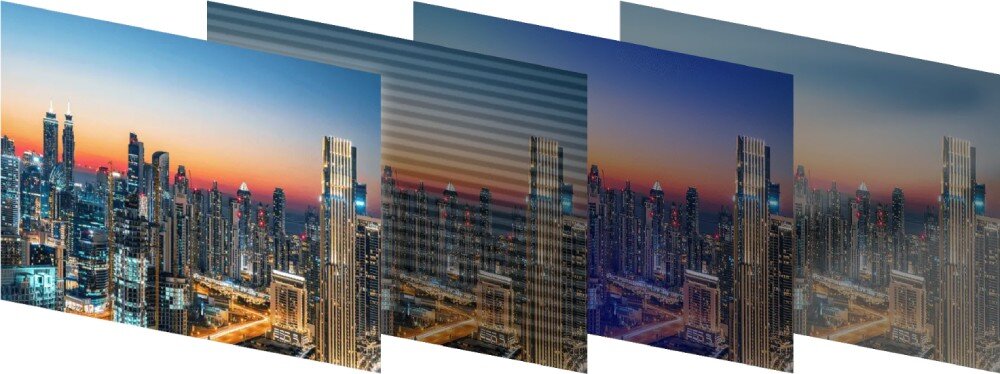 Komputer MSI Pro AP242P 14M-859EU Cztery nakładające się obrazy miasta z drapaczami chmur w różnych poziomach jasności i kontrastu, wzrok ochrona niebieskie światło migotanie