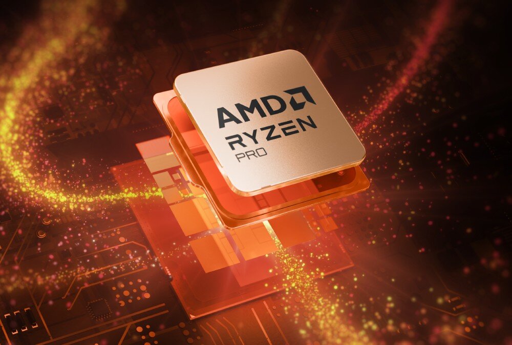 Komputer LENOVO ThinkCentre M75q Gen 5 Grafika przedstawiająca procesor z napisem 'AMD Ryzen PRO' otoczony efektami świetlnymi, podzespoły, procesor, pamięć, dysk
