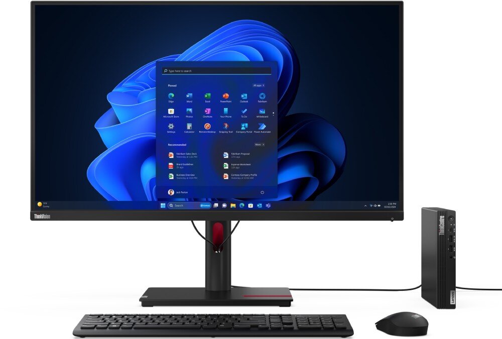 Komputer LENOVO ThinkCentre M75q Gen 5 Monitor, klawiatura, mysz i niewielki komputer stojący obok monitora na blacie, zabezpieczenia, ochrona, moduł TPM