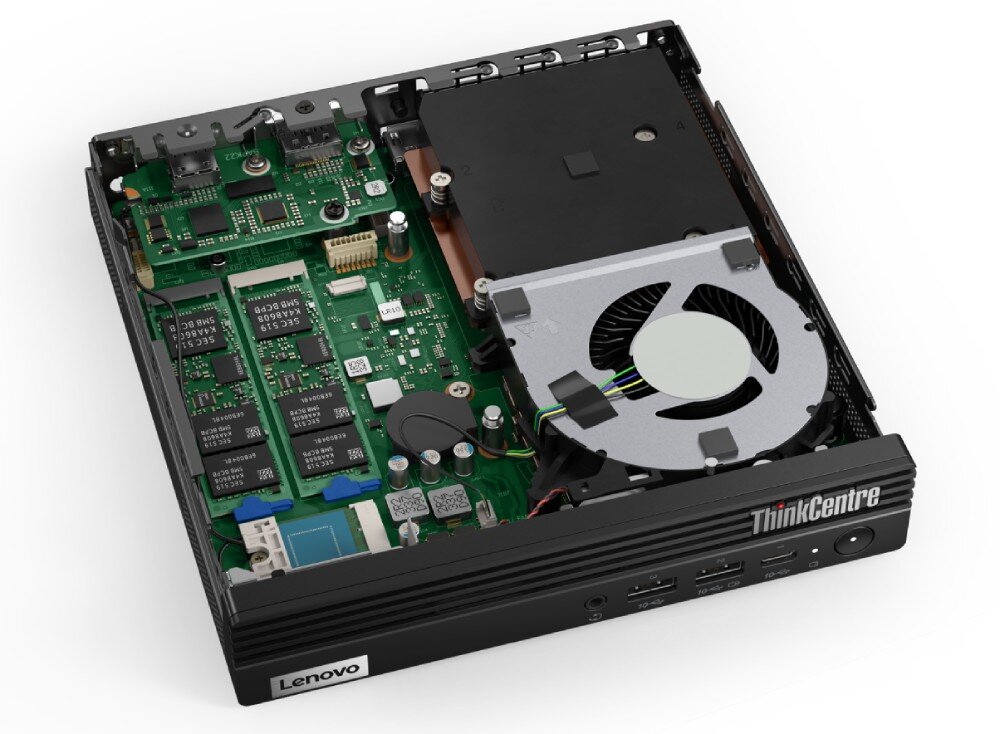 Komputer LENOVO ThinkCentre M75q Gen 5 Widok wnętrza obudowy z wentylatorem i komponentami, w tym pamięcią RAM i dwoma dyskami SSD, rozbudowa, elastyczność, konfiguracja