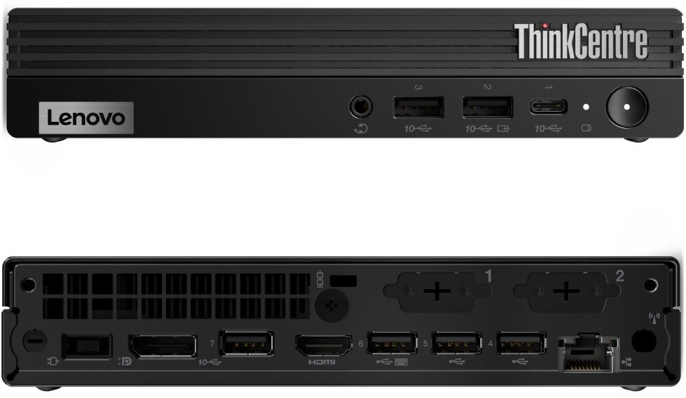 Komputer LENOVO ThinkCentre M75q Gen 5 Widok panelu przedniego i tylnego komputera z portami USB, HDMI, DisplayPort i gniazdem LAN, porty, łączność, Wi-Fi