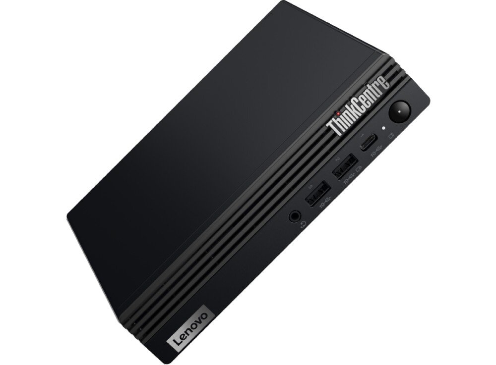 Komputer LENOVO ThinkCentre M75q Gen 5 Komputer w formacie mini widziany pod kątem z góry, pokazane złącza i przycisk zasilania z przodu obudowy, norma wojskowa, wytrzymałość, środowisko, certyfikaty