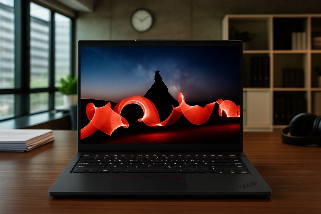 Laptop Lenovo ThinkPad z abstrakcyjną tapetą w kolorach czerwonym i czarnym na drewnianym biurku w biurze.      