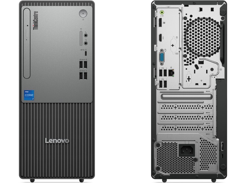 Komputer LENOVO ThinkCentre neo 50t Gen 5 Dwa ujęcia komputerowej obudowy stacjonarnej na białym tle, po lewej stronie widok od przodu z szarym panelem i pionowym żebrowaniem, po prawej stronie widok od tyłu z widocznymi portami, wentylatorem i gniazdem zasilania, porty, złącza