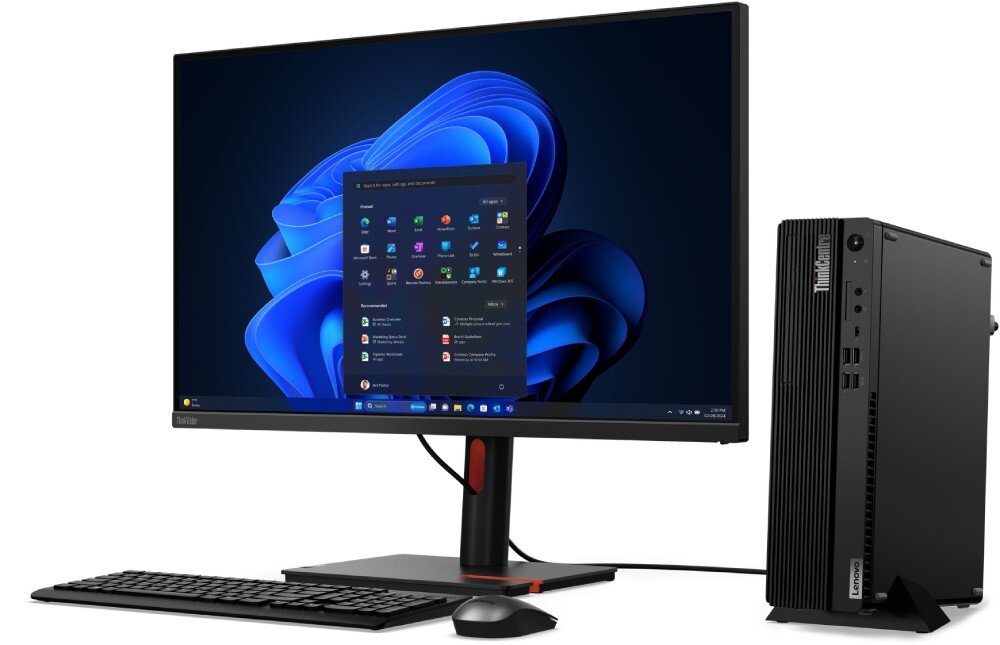 Komputer LENOVO ThinkCentre M75S Gen 5 Zestaw komputerowy składający się z monitora, pionowej obudowy, klawiatury oraz myszy na białym tle. Na ekranie widoczne jest menu start systemu operacyjnego, przeznaczenie, wielkość, wymiary