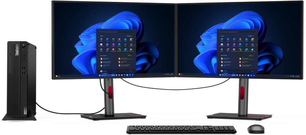 Komputer LENOVO ThinkCentre M75S Gen 5 Stanowisko komputerowe z dwoma monitorami ustawionymi obok siebie na wspólnym biurku. Po lewej stronie znajduje się pionowa obudowa połączona przewodem z monitorem, układ graficzny, pamięć RAM, dysk