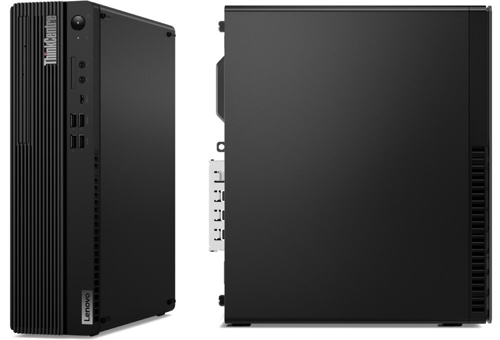 Komputer LENOVO ThinkCentre M75S Gen 5 Dwa ujęcia czarnej obudowy komputera typu Small Form Factor na białym tle. Po lewej stronie widoczny jest przód z portami USB i przyciskiem zasilania, a po prawej boczny, pełny panel obudowy, chłodzenie, wentylacja