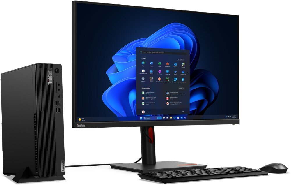 Komputer LENOVO ThinkCentre M75S Gen 5 Komputer stacjonarny z monitorem, klawiaturą i myszą przedstawiony pod kątem. Czarna obudowa stoi pionowo na podstawce obok ekranu, zabezpieczenia, układ dTPM, blokady