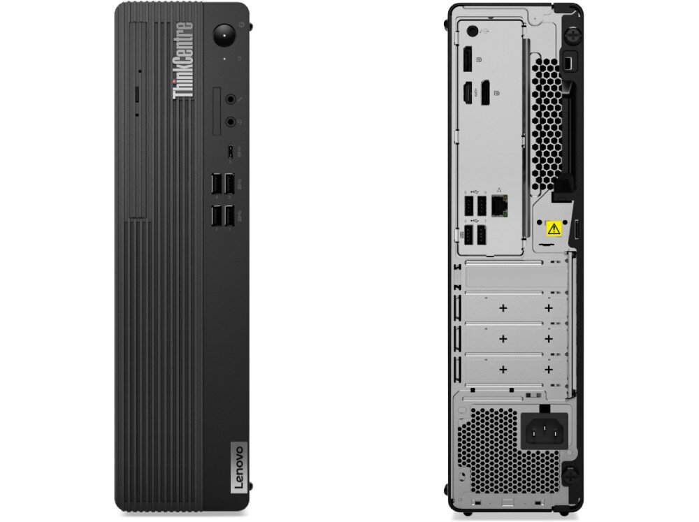 Komputer LENOVO ThinkCentre M75S Gen 5 Zestawienie przodu i tyłu obudowy komputera. Przedni panel ma pionowe żłobienia i zestaw portów wejściowych, porty, złącza, nagrywarka