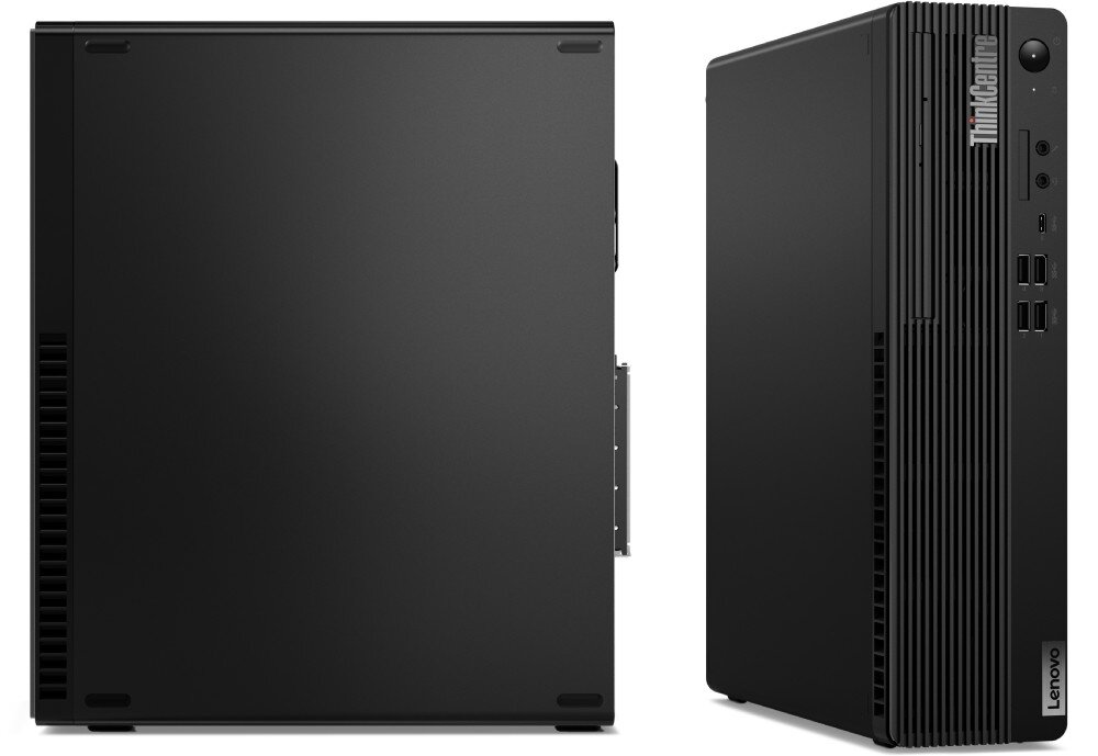 Komputer LENOVO ThinkCentre M75S Gen 5 Dwa widoki czarnej obudowy komputera na białym tle. Po lewej stronie pokazano płaski bok urządzenia z gumowymi nóżkami, rozbudowa, funkcje