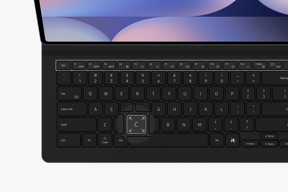 Widok z przodu etui Book Cover Keyboard Slim z wyróżnionymi klawiszami funkcyjnymi. Jeden klawisz jest wyróżniony, aby podkreślić duży rozmiar klawisza.