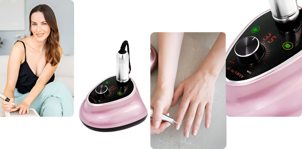 Frezarka do paznokci BEAUTIFLY Sobria Nails precyzja wszechstronność trwałość dla profesjonalistów dla entuzjastów domowej pielęgnacji paznokci maksymalna prędkość obrotowa 35.000 obrotów na minutę regulacja prędkości za pomocą intuicyjnego pokrętła pełna kontrola dłonie stopy usuwanie warstw lakieru szybkie precyzyjne rezultaty