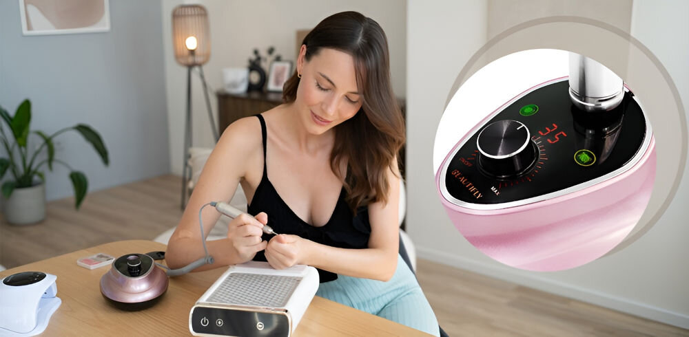 Frezarka do paznokci BEAUTIFLY Sobria Nails pokrętło do regulacji mocy dostosowanie mocy perfekcyjna praca z paznokciem skrócony czas zabiegu pełna kontrola minimalizacja ryzyka uszkodzenia płytki lub skóry